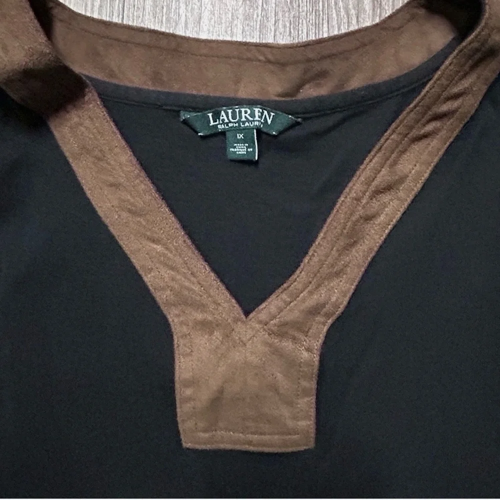 Women’s Lauren Ralph Lauren Black 3/4 Sleeve Shirt Brown Suede Neckline Size 1X - Picture 3 of 4